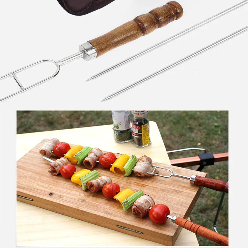 

Portable Stainless Steel Roasting Forks With Bag U Shape Wooden Handle Camping Hot Dog Skewers BBQ Forks Barbecue Tools 5PCS/Set