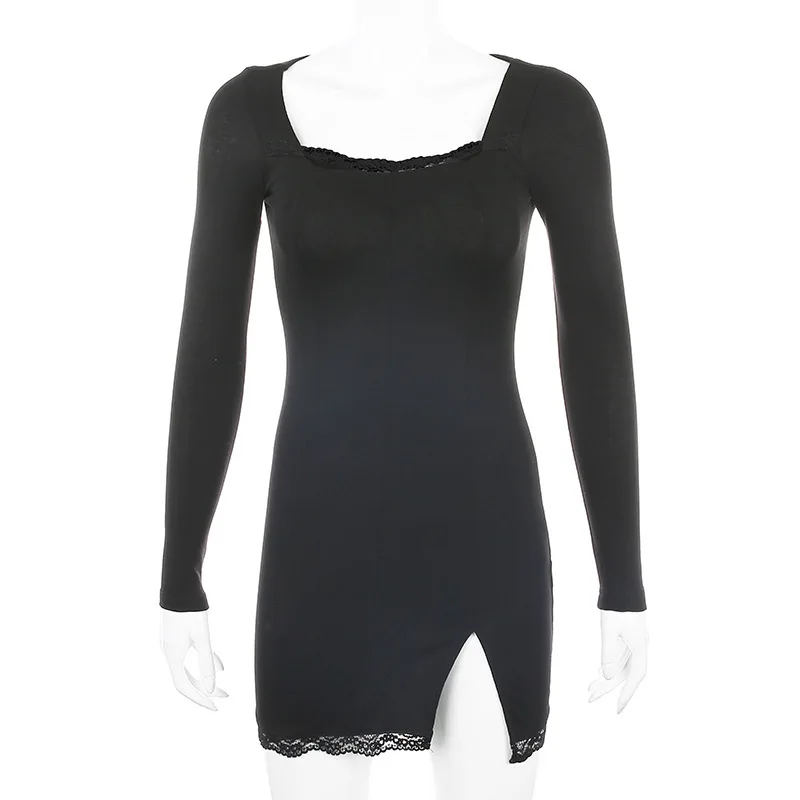 

square collar lace stitching tight-fitting black dress spring and autumn women's elegant pure cotton simple fashion