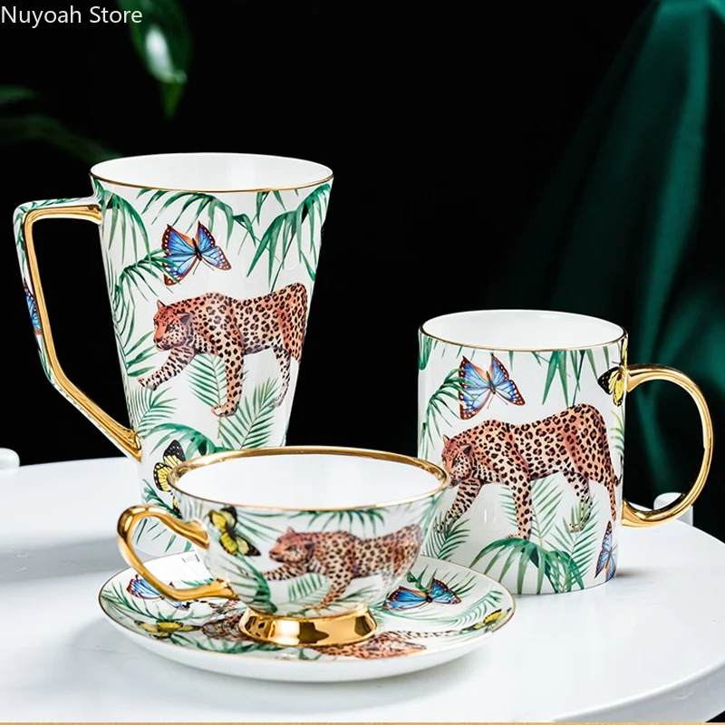 

Home Decor Jungle Animals Coffee Mug Mug Large Capacity 500ML Water Cup Golden Handle Small Saucer Afternoon Tea Tableware