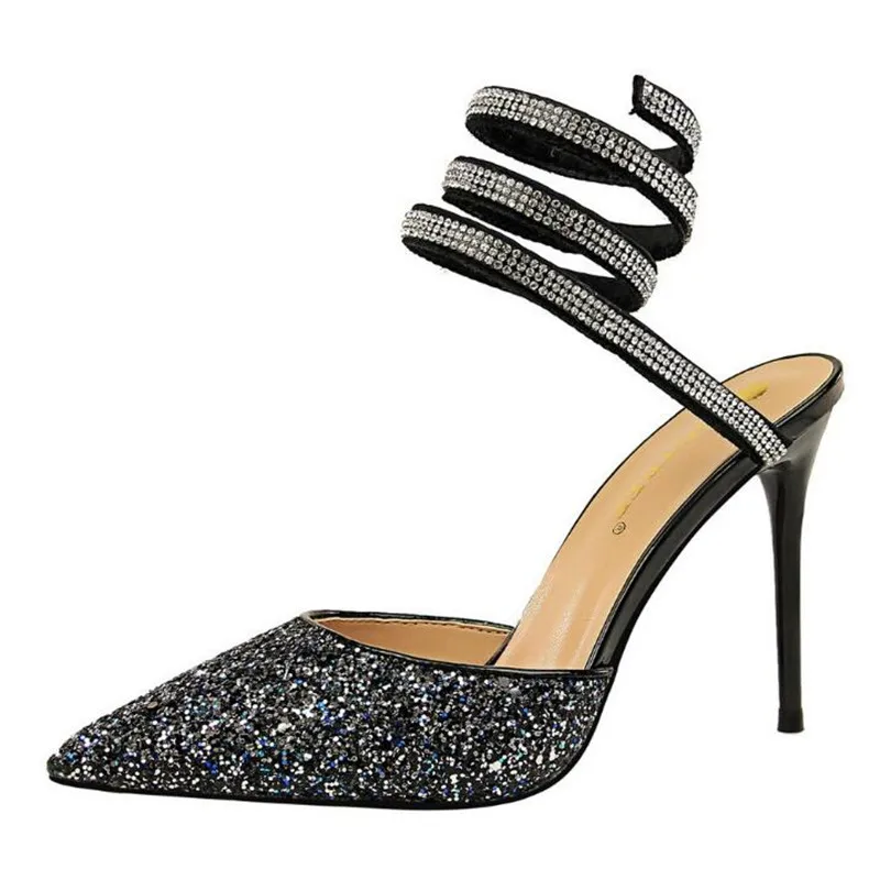

2019 New Women's Fashion Sequined Cloth High Heels Shoes Shallow Ankle Strap Sandals Pointed Toe Sexy Party Woman Sandals Summer