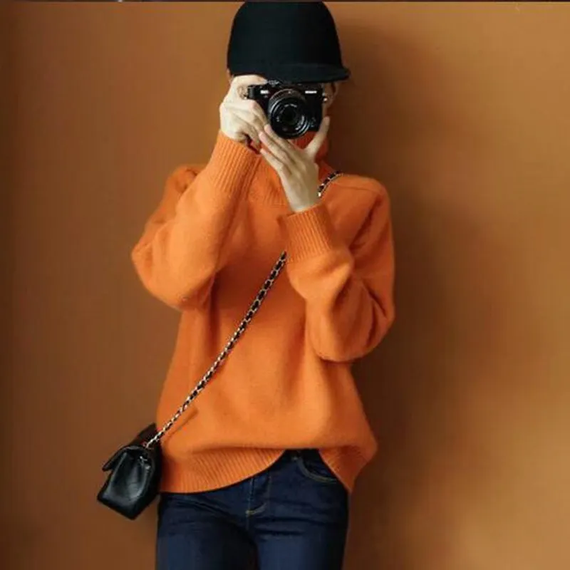 Autumn Winter Orange Turtleneck Cashmere Sweater Women Thickened Pullover Sweater Casual Basic Jumper Knitted Sweater Loose Tops