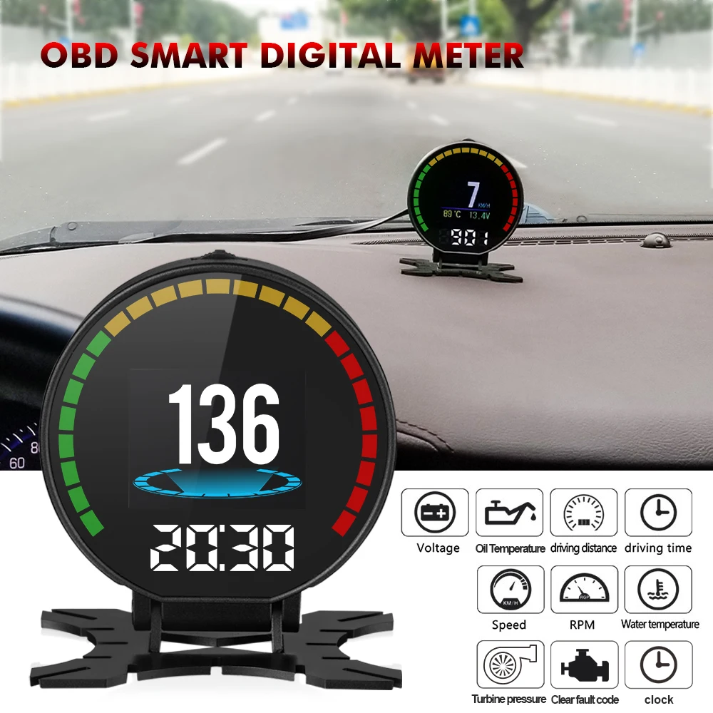 

GEYIREN P15 Head-Up Display HUD OBD2 Temperature Car KM/h MPH Turbo Boost Pressure Speed Projector On The Windshield For Car