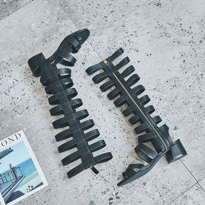 

New summer 2019 star Roman hollow out open toe high tube flat bottom sandals for women