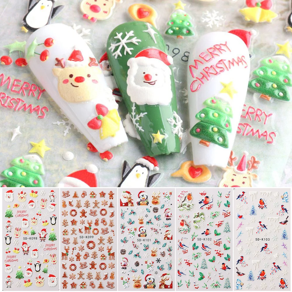 

3D Snowman Deer Christmas Nail Sticker Santa Claus Pattern Nail Decals Manicure Tips Tool Geometry Snowflake Nail Decor