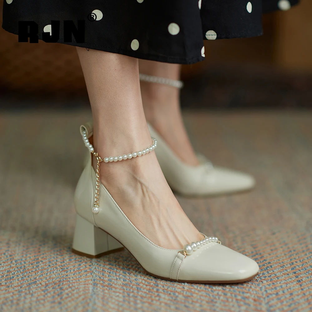 

RJN Genuine Leather New Mary Jane shoes Comfortable sheepskin Insole And Pearl Embellished Square Heel Office Lady Pumps RO556