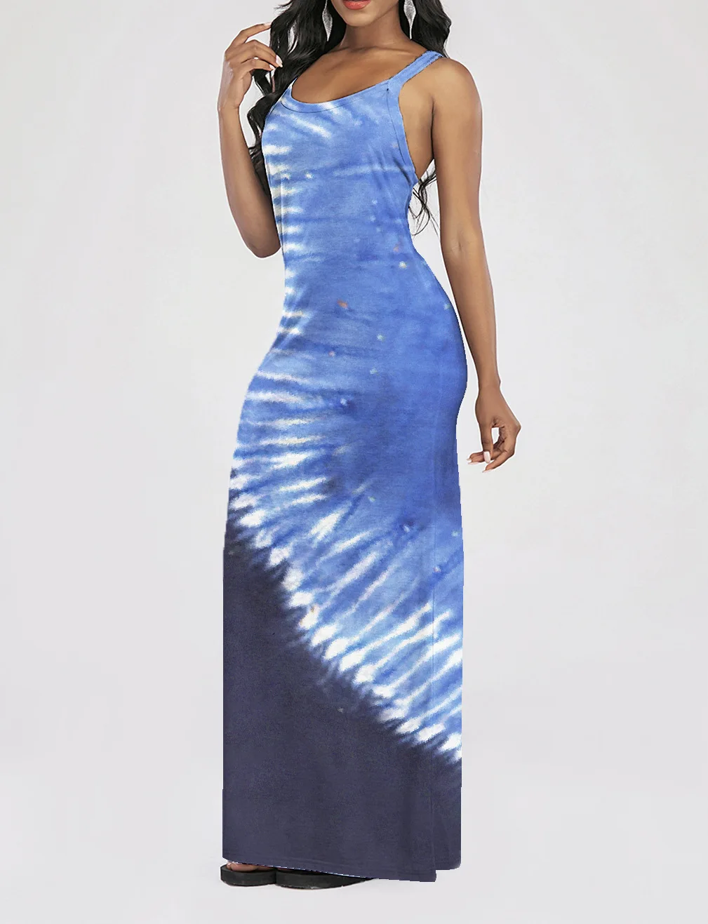 

Women Tie Dyed Color Gardient Long Dress Summer Sleeveless Spaghetti Strap Straight Dresses Cotton Blend Femme Casual Dress New