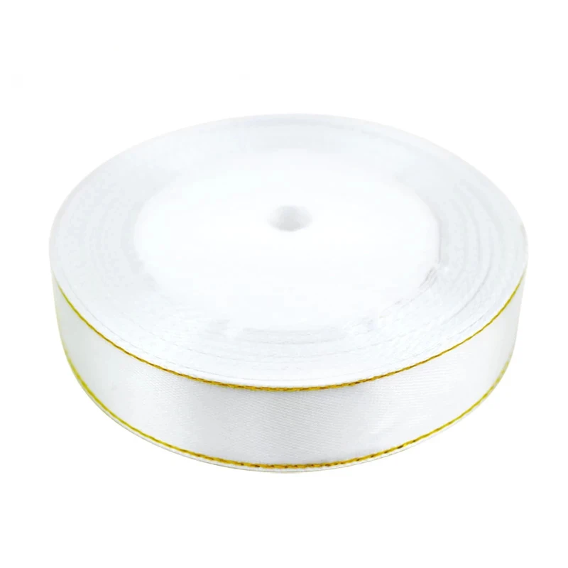 

(25 ярдов/партия) белая атласная лента с золотым краем, оптовая продажа, высококачественные упаковочные ленты для подарков