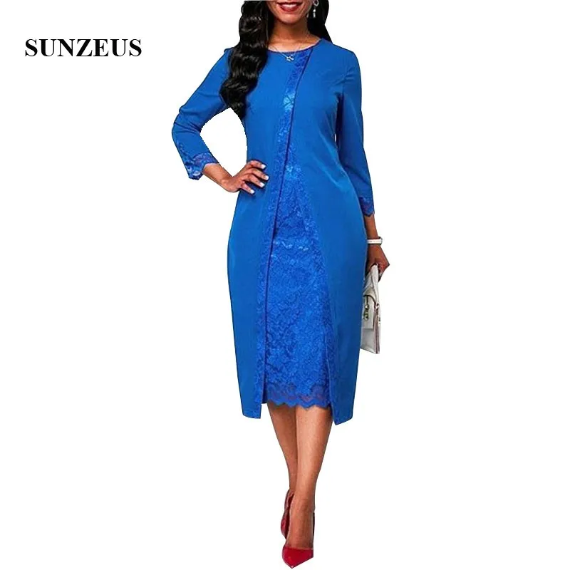 

2019 Fall Mother Of The Bride Dresses With 3/4 Sleeves Jacket Vintage Lace Lady Party Dress Knee Length Royal Blue Formal Gowns