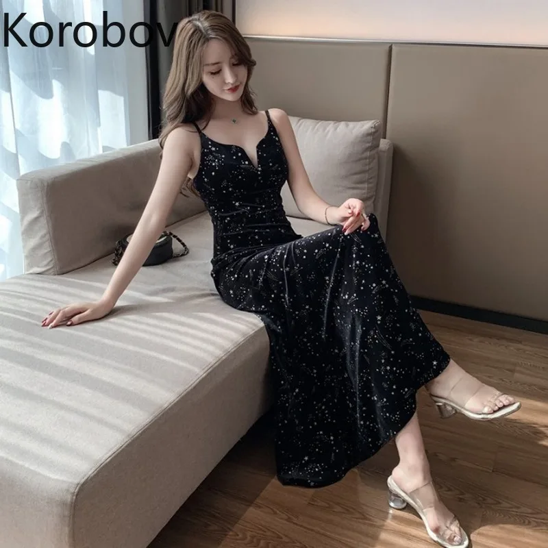 Korobov винтажное женское платье на бретелях спагетти корейские пикантные черные