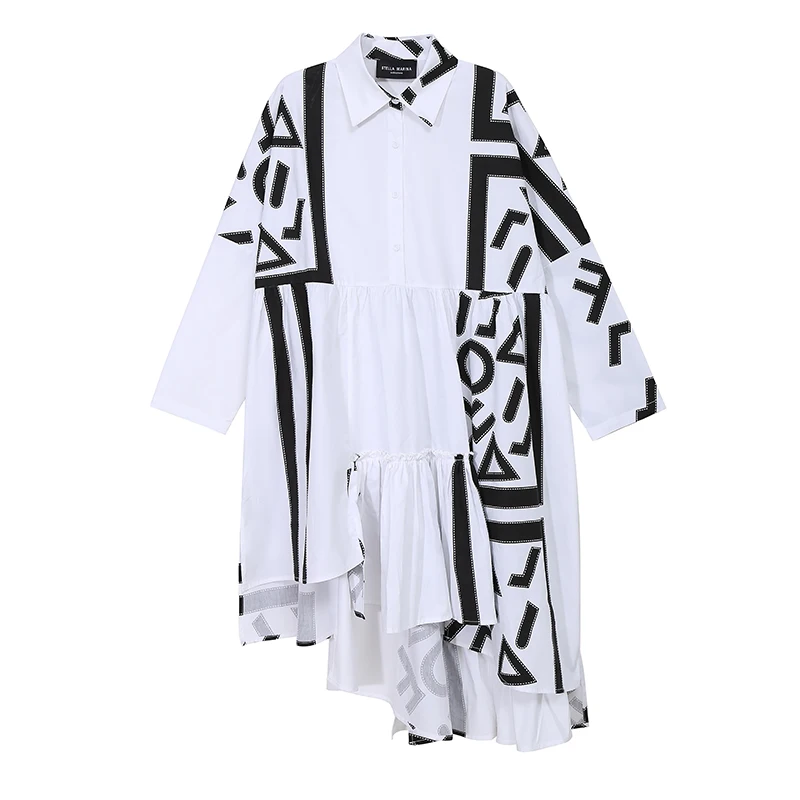 

QING MO White Women Big Size Dress 2021 Autumn Women Irregular Ruffles Dress Female Printed Dress Fashion Tide ZQY4940