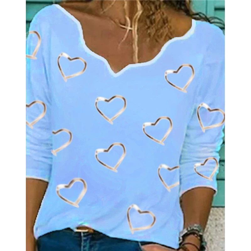 

Irregular Collar Women Blouse Casual Long Sleeve Hearts Print Shirt For Girls Lady Summer 2021 New V-neck Blouse