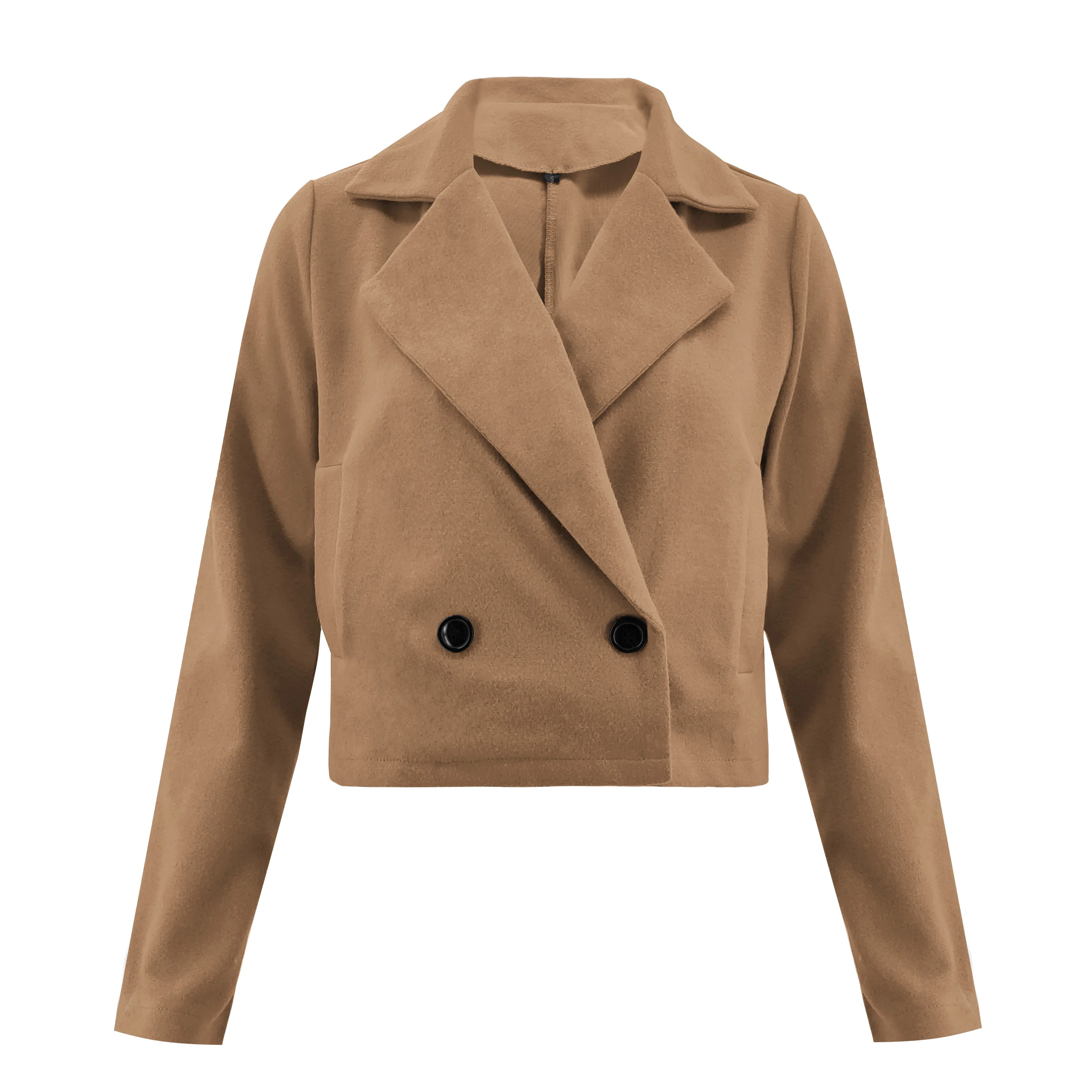 Женское Короткое шерстяное пальто приталенное двубортное с отложным воротником