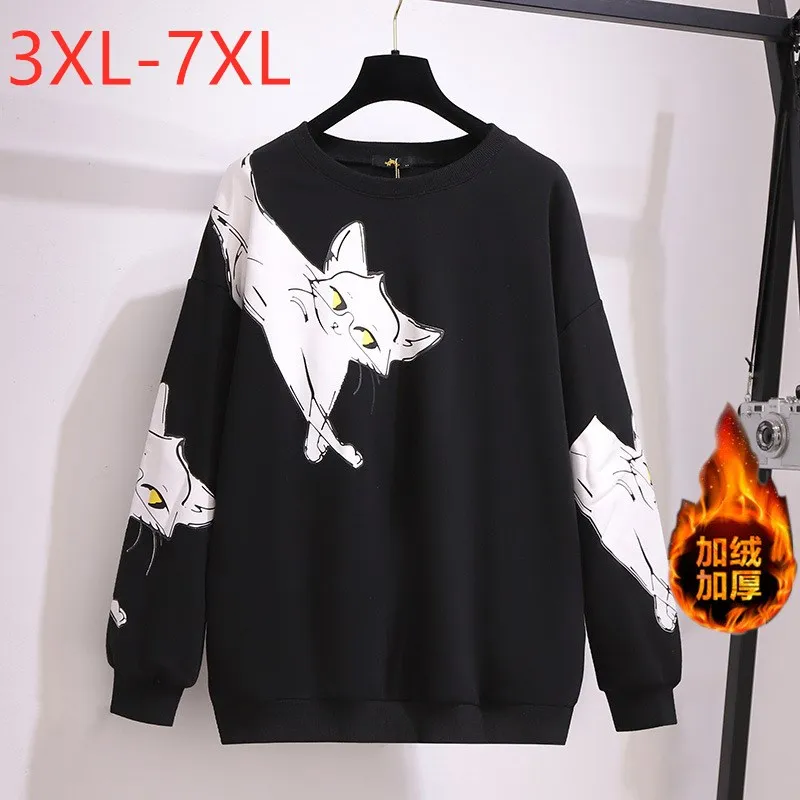 

New Autumn Winter Plus Size Women Clothing Oversize Pullover Long Sleeve Velvet Black Print Sweatshirt Coat 3XL 4XL 5XL 6XL 7XL
