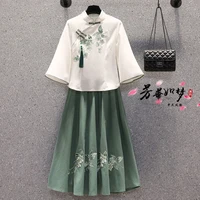 2021 women oversized traditional chinese embroidered dress spring hanfu retro loose v neck top with skirt cotton set