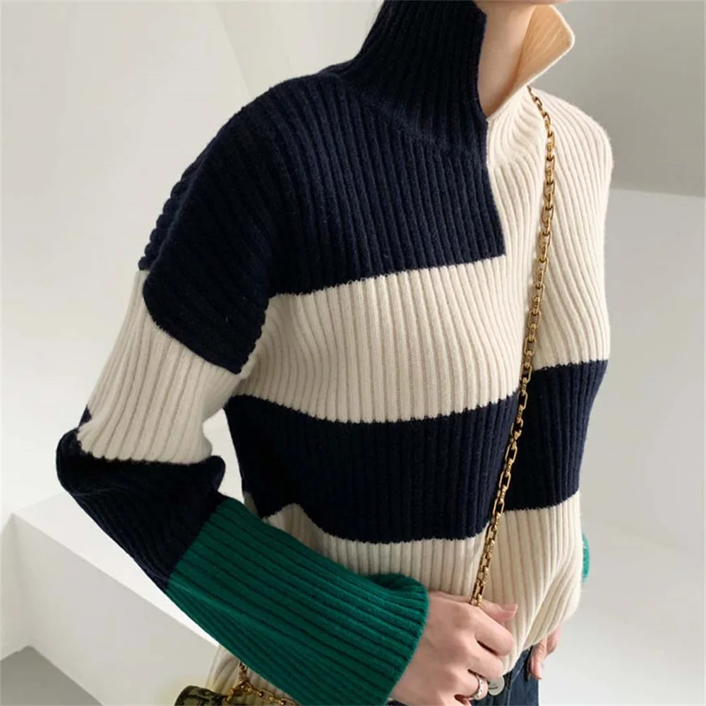 

Autumn Mock Neck Patchwork Warm Thicken Sweaters Pullovers Knitted 2021 Hot OL Outwear New Femme Chic Stylish Women Tops