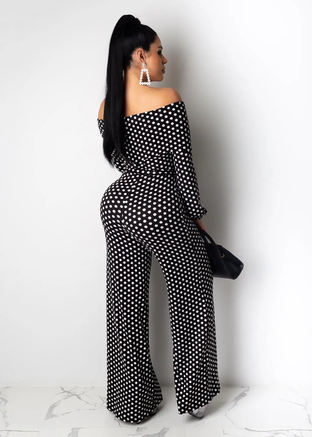 Черный белый в горошек с принтом Повседневный вырезом лодочкой комбинезоны 2019