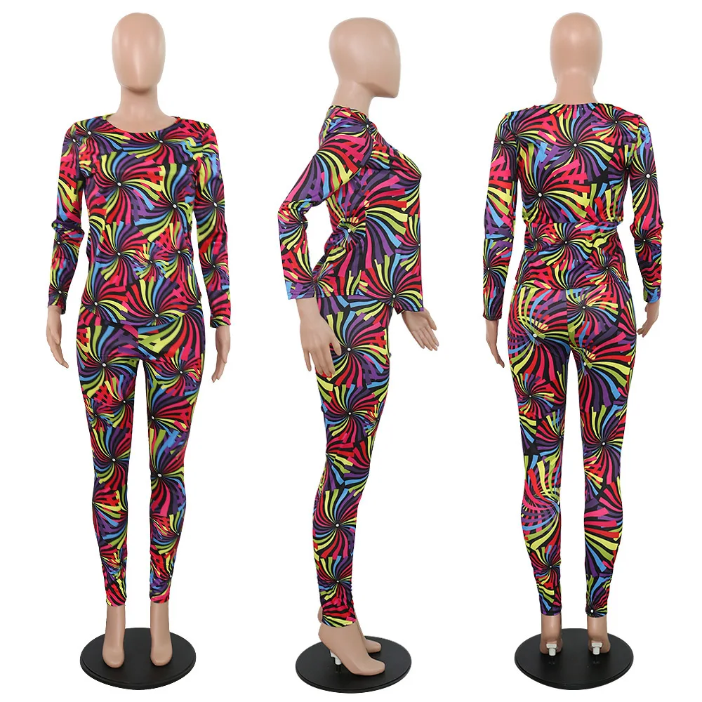 

Colorful Pattern Print O-Neck Long Sleeves Shirt Tops & Pants Bottoms New Arrival Women Suit Casual 2 Piece Set