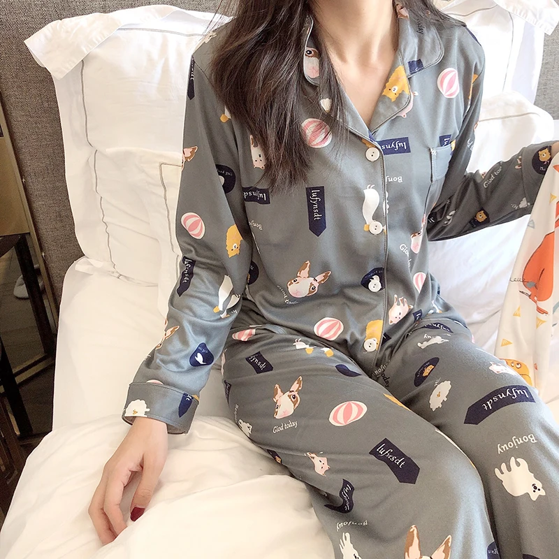 CAIYIER Spring Autumn pajamas Long-sleeved pants Lovely cartoon print Leisure turn-down collar Sleepwear winter women Nightwear