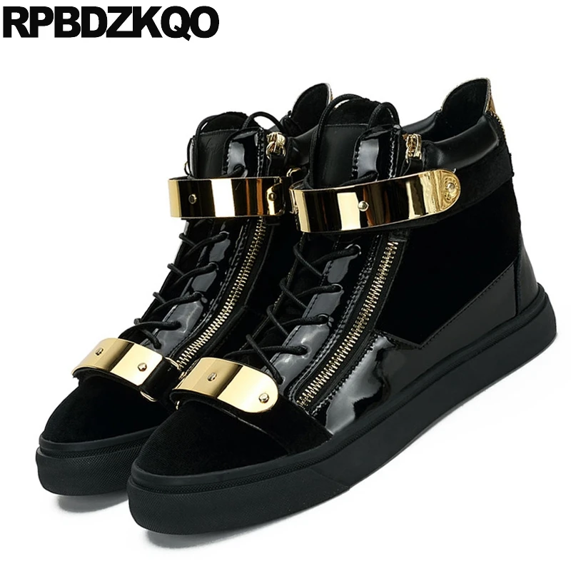 Панк кроссовки мужские черные ботинки из лакированной кожи на молнии обувь для