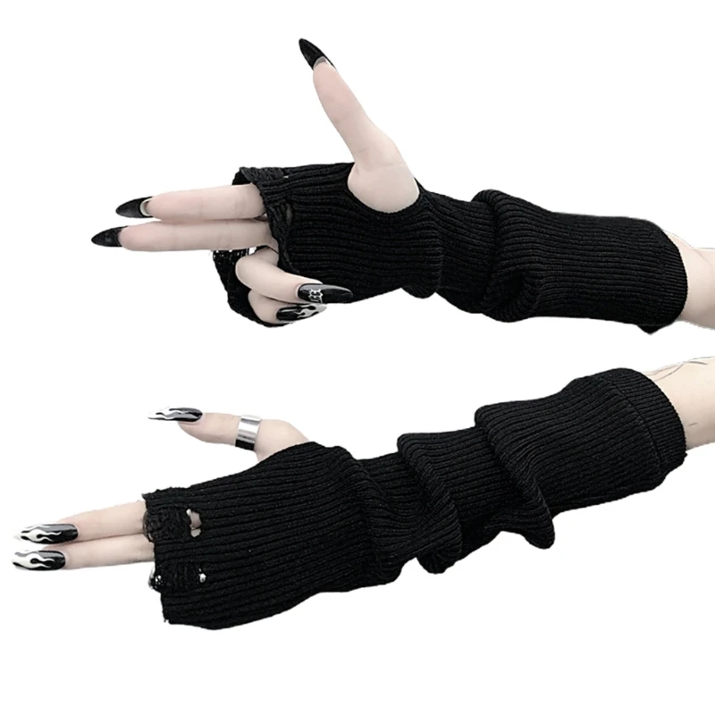 

573B Women Gothic Punk Ribbed Knit Black Fingerless Gloves Harajuku Ripped Hole Elbow Length Mittens with Tumb Hole Anime Arm