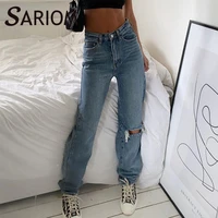 ladies baggy straight ripped jeans for women blue distressed hollow out hole pants capris harajuku zip up denim long trousers