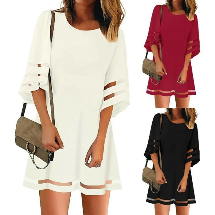 

New women's mesh stitching loose flared sleeve A-line dress Fashionable women's Party Beach dress