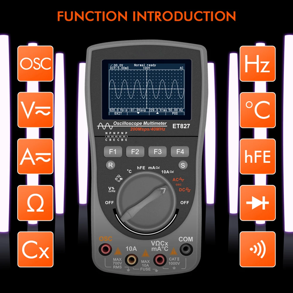 

ET827 HD Screen 40MHz 200Msps Tester Handheld Multimeter Intelligent Digital Oscilloscope 2 In 1 Tools Measurement Durable