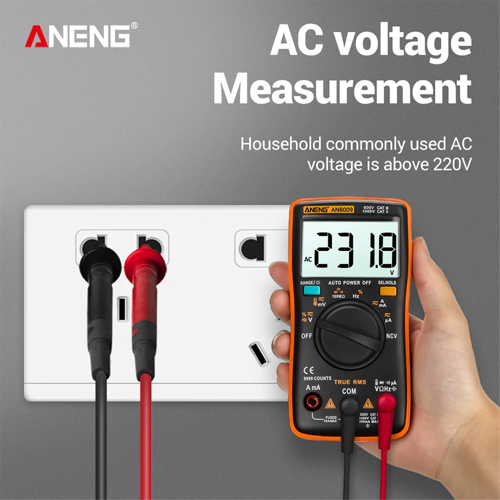 

Мультиметр ANENG AN8009 с ЖК-дисплеем, тестер сопротивления и емкости, ручной Интеллектуальный оранжевый детектор