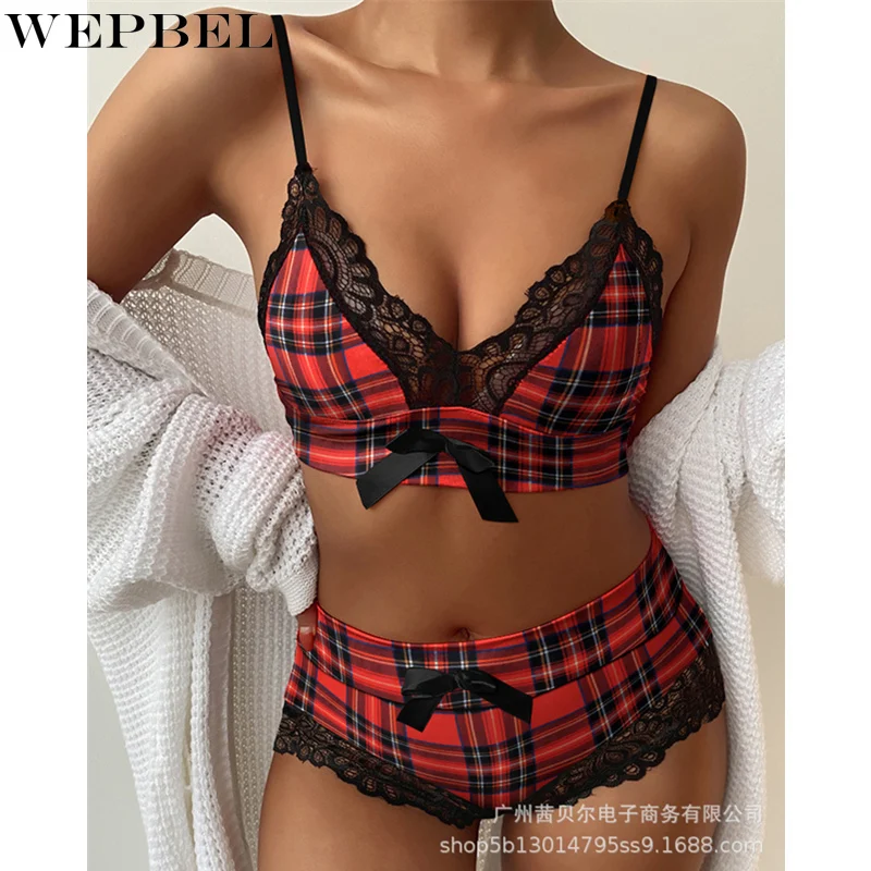 

WEPBEL Fashion Women Underwear Plaid Strap Bra Briefs Sets Sexy Lingerie Suit Hollow Out Lace Panties Female Push Up Bra Set