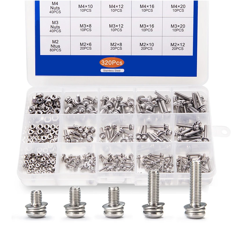 320pcs M2 M3 M4 Screws Phillips Pan Head Screws Bolt and Nut Flat Washers Machine Screws Set Stainless Steel Screws