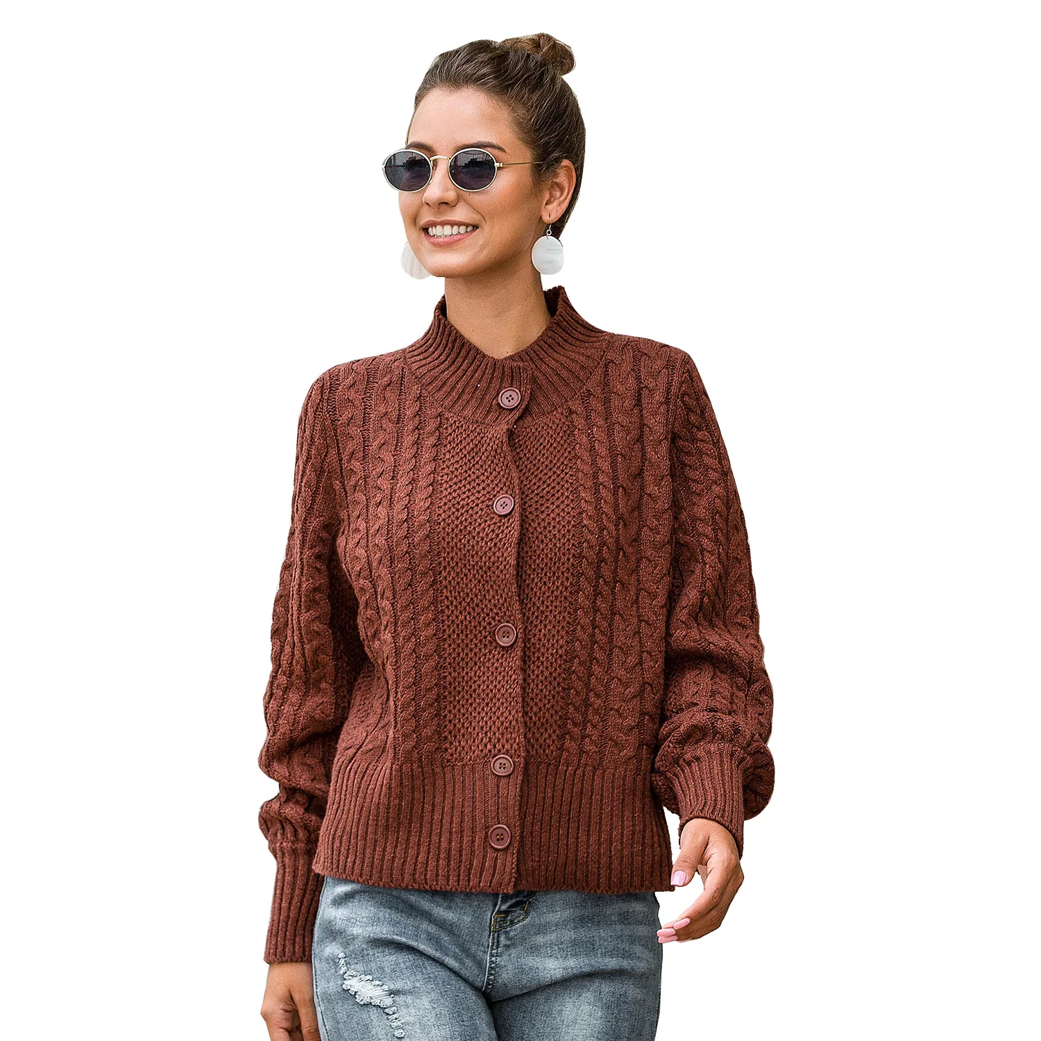 

2020 new autumn and winter casual knitted sweater cardigan half high collar lantern sleeve jacket