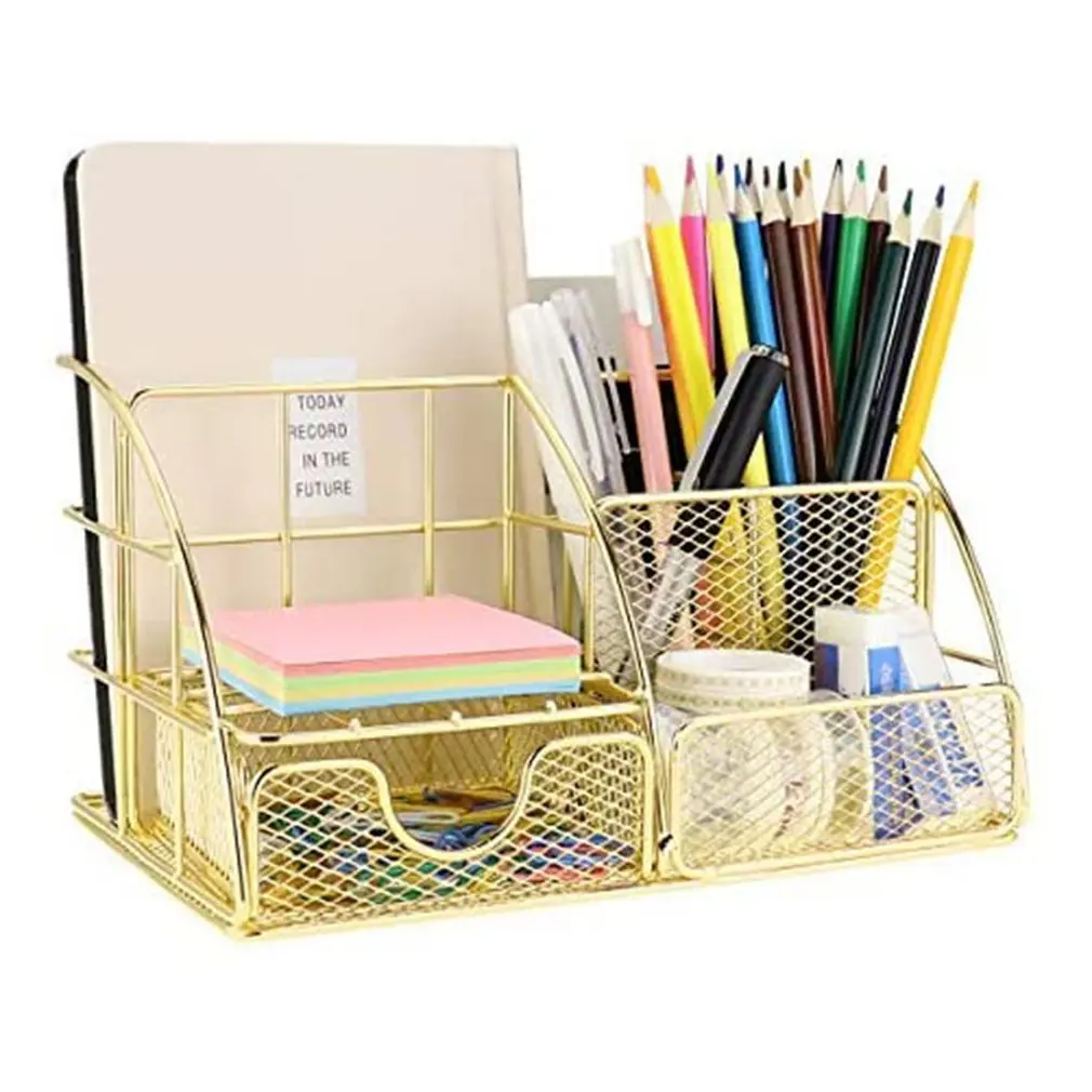 

Rose Gold Desk Organizer for Women, All in One Mesh Office Supplies Desk Accessories, Features 5 Compartments
