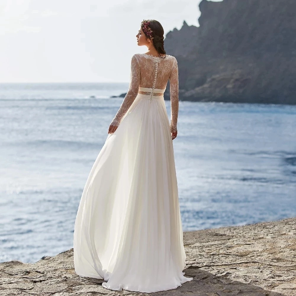 

Stunning Ivory Chiffon Bohemian Wedding Dress V-Neck Lace Bridal Gowns Vestido De Noiva Elegant Plus Size Bride Dresses