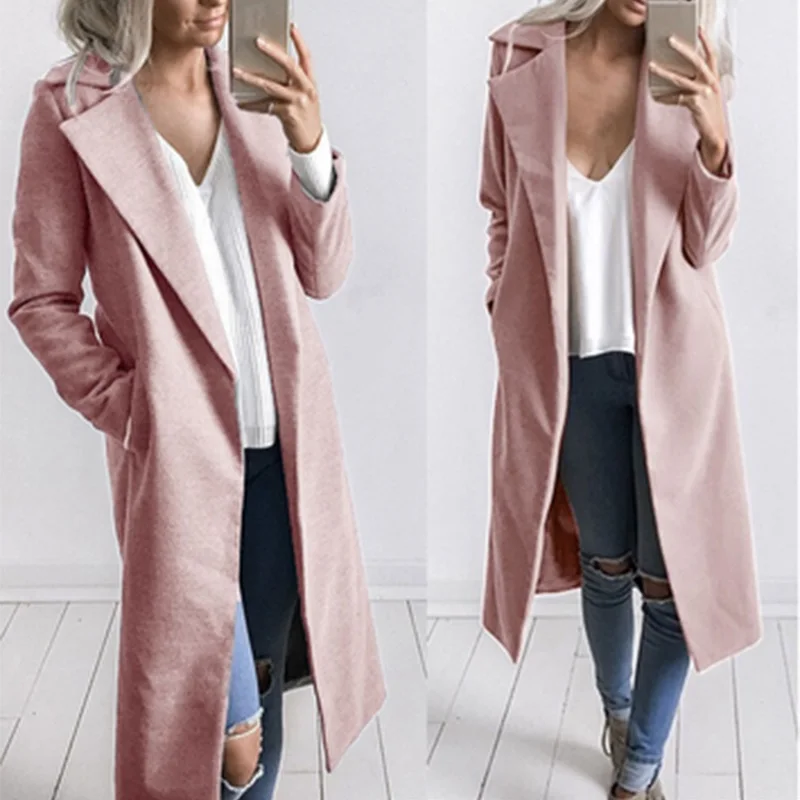 

Women' Winter Wool Coat Lapel Warm Coat Oversize Long Slim Trench Outerwear Wool Coat Solid Open Stich Tops Female Big Size 3XL
