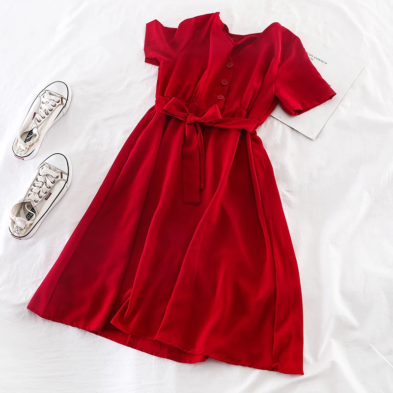 

Simple College Style Wild V-neck Loose Waist Bandage Slim Chiffon Mid-length Dress