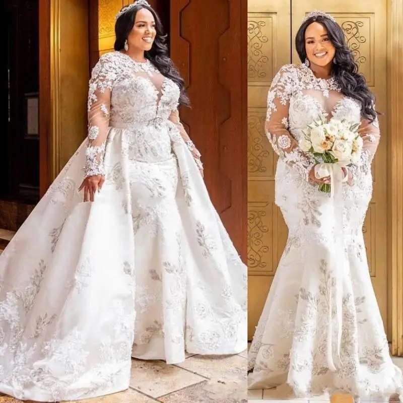 

Plus Size Detachable Train Jewel Lace Appliqued Long Sleeve Mermaid Wedding Dress Sheer Neck African