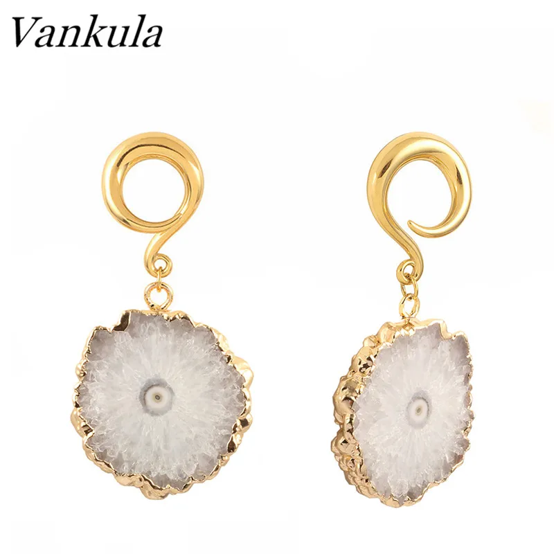 gold 2 Vankula, 2 шт., новинка, натуральный камень, болтаются, затычки для ушей, тоннель, нержавеющая сталь, крючки для ушей, пирсинг, ювелирные изделия - Окраска металла: gold 2