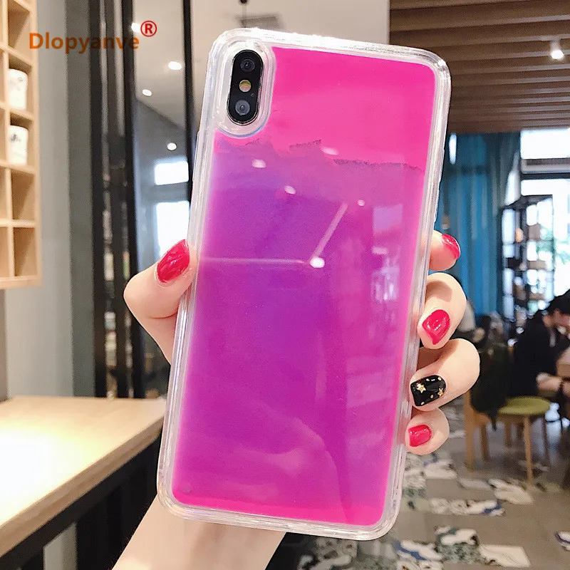 Светящийся неоновый песочный однотонный чехол для Iphone 11 11Pro X XS XR Max 6 6S 7 8 Plus светящийся в темноте жидкий Блестящий песок чехол