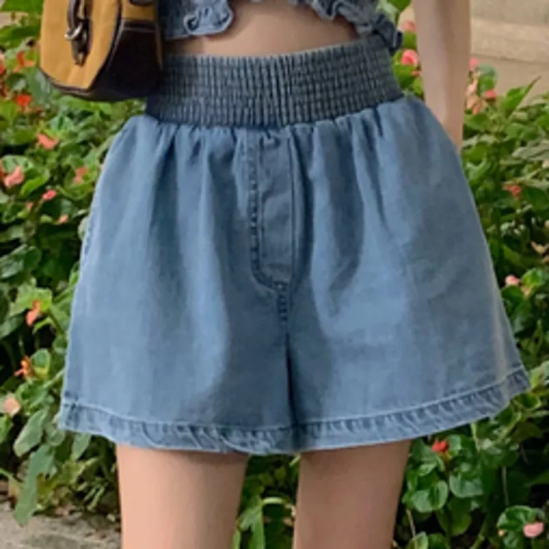 

Casual Korean Fashion Two Piece Sets All-match Elastic Tube Top Thin + Wide-leg Denim Shorts Suits Ensembles Femme 2021 Summer