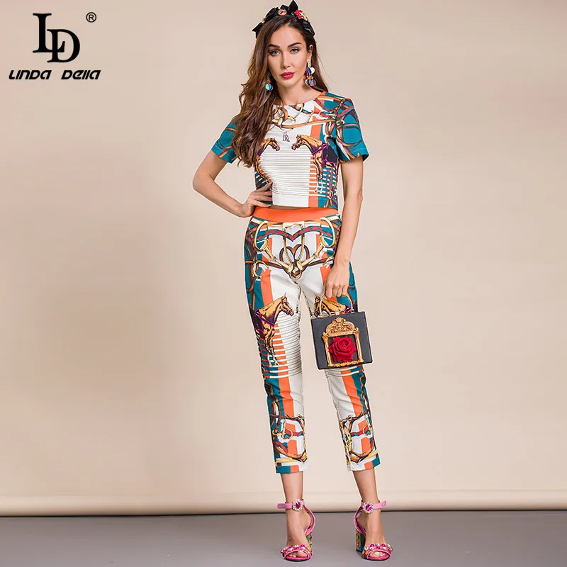 LD LINDA DELLA 2023 Fashion Designer Autumn Vintage Two Piece Set Women's Short sleeve Pullover Top＋High Waist Print Pants Suit