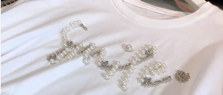 

Cyanlee Summer Women Letters Pearls Luxury Diamonds Beaded Short Sleeve Tees Spliced T Shirt Woman Party Nice Elegant Wear Tops