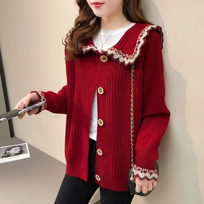 

Baby collar sweater coat women's 2021 spring and autumn new loose top wear thickened knitted cardigan fashion