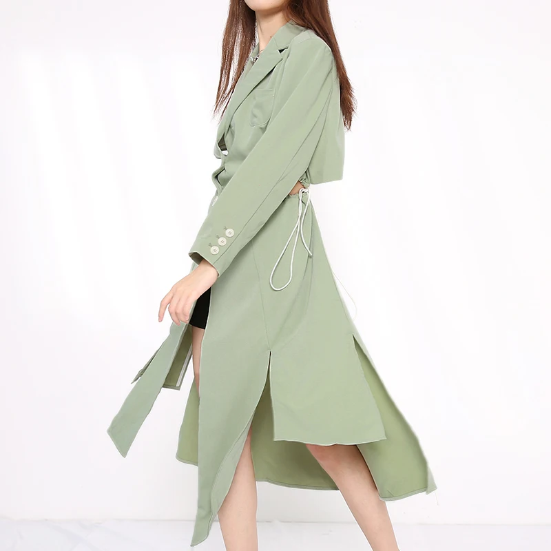 

[EAM] Green Backless Hollow Out Long Bandage Jacket New Lapel Long Sleeve Women Coat Fashion Tide Spring Autumn 2021 JZ18106