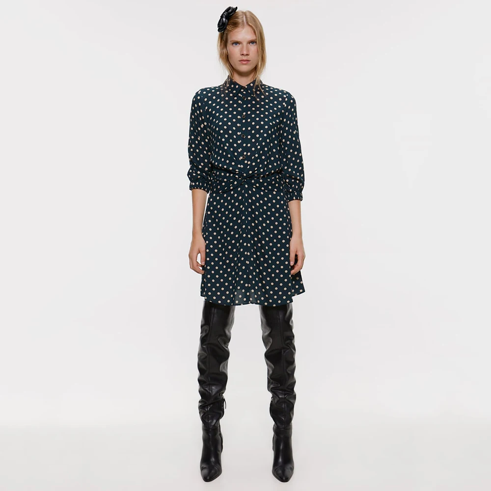 2019 ZA мини-платье с отложным воротником женское платье длинным рукавом и узлом в