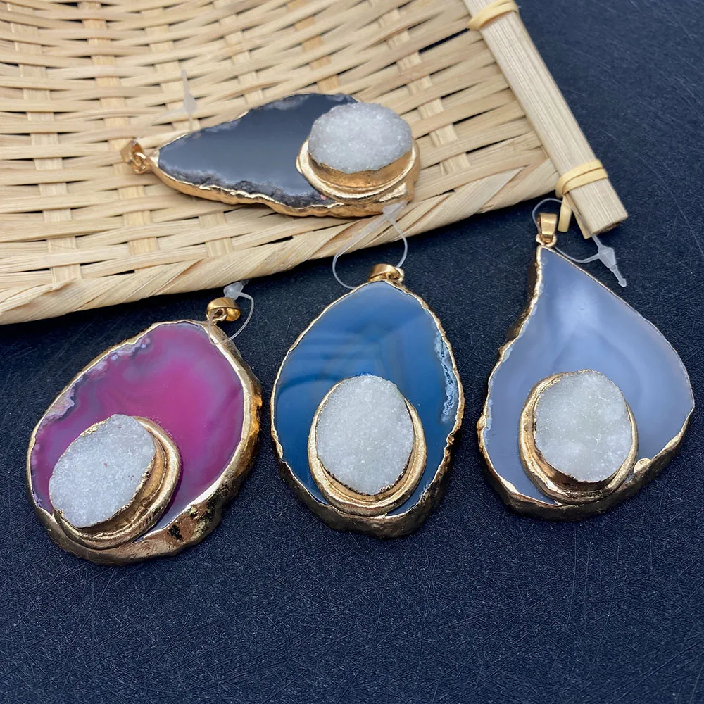 

Natural Stone Agate Pendant Electroplating Process Irregular Shape Color Inlaid Crystal DIY Charm Jewelry Healing Reiki Stone