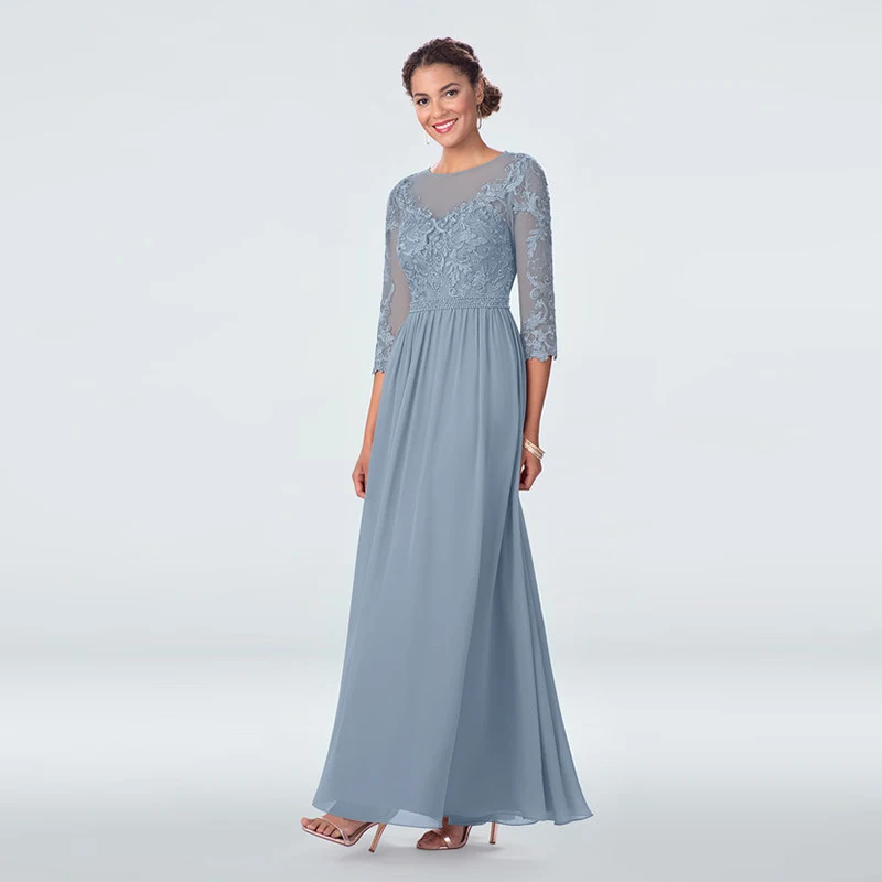 2021 Charming Dusty Blue Chiffon Lace Mother of the Bride Dresses Three Quarter Sleeve Jewel Neck Pleat Wedding Party Gowns