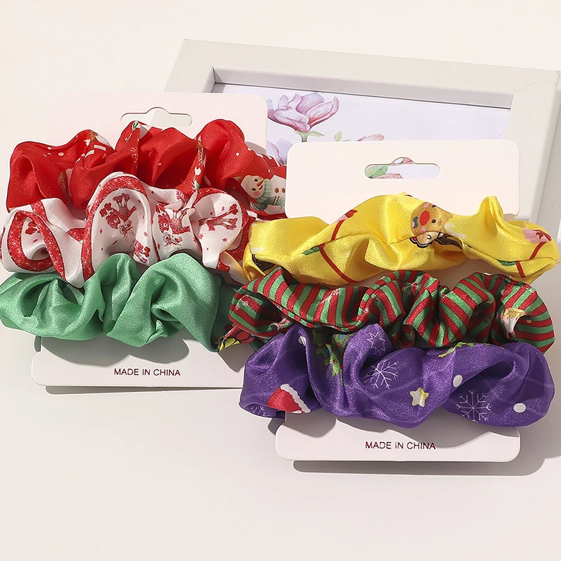 

3Pcs/Set Christmas Hair Rope Ring Ponytail Holder Hair Ties Elastic Hair Bands Set Scrunchies Xmas Printed Hair Accessories