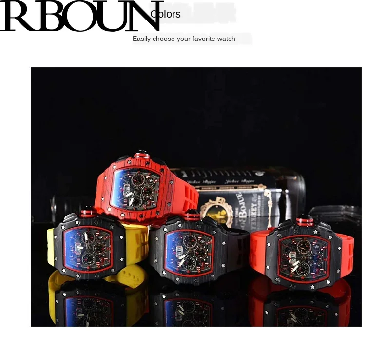 

Men's Watch Quartz Fashion Richard gift Men Man Watches New Carbon Fiber Hollow Wood Grain Shape Rubber Strap Individual Trends