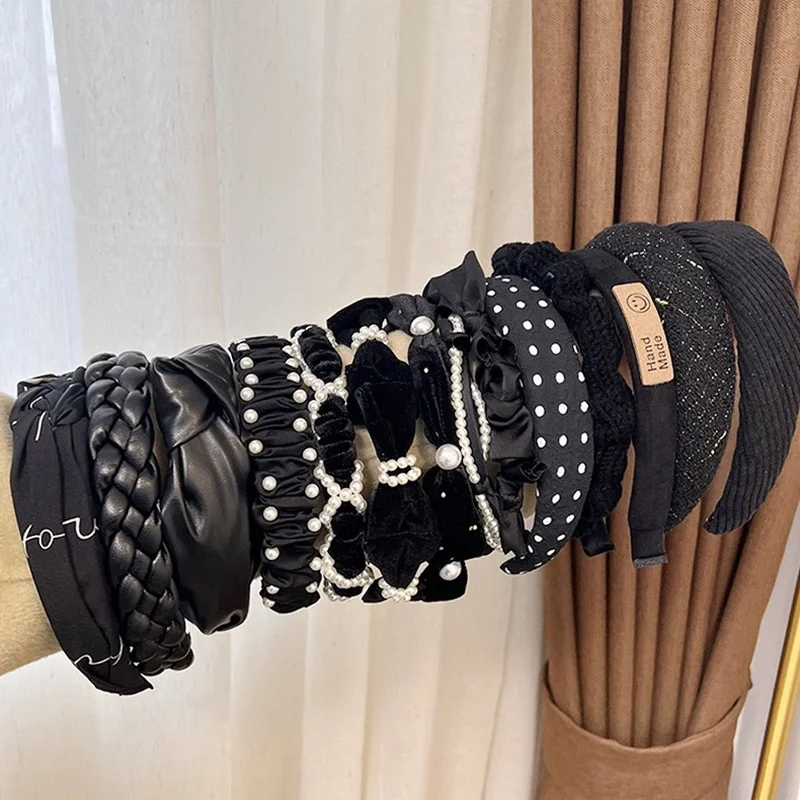

French Black Series Thick Headbands for Women Sweet Pearl Leather Bow Wrinkle Braided Hairband girl Headband Hair Accessories