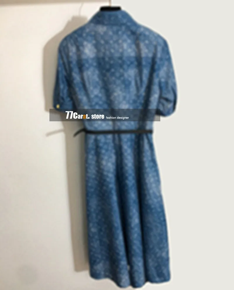 

high end fashion woman dress short sleeve turn-down collar letter logoed print design maxi dresses for women denim blue clothes